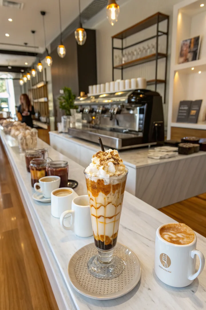 macchiato, caramel, boisson glacée, café créatif façon brunch