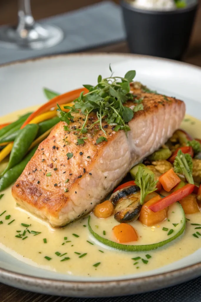 Pavé de saumon rôti au beurre blanc et légumes fins