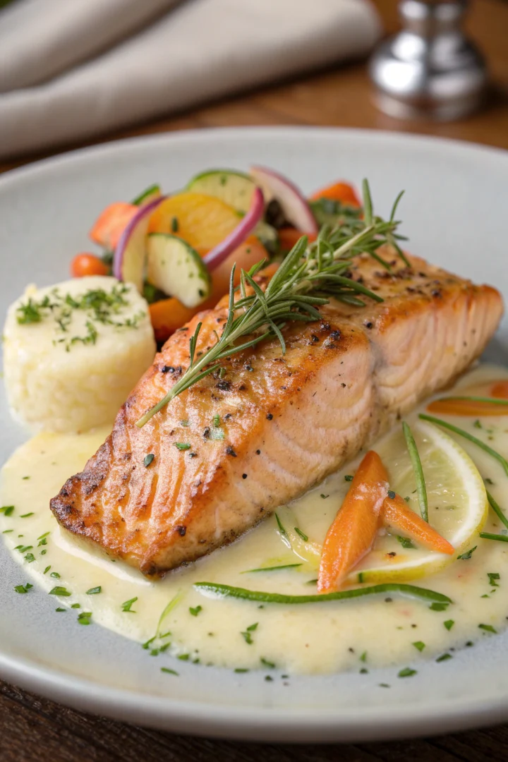 saumon, beurre blanc, légumes, poisson