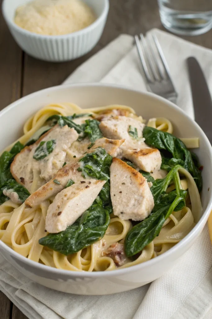 Poulet crémeux aux épinards et pâtes : dîner rapide et savoureux