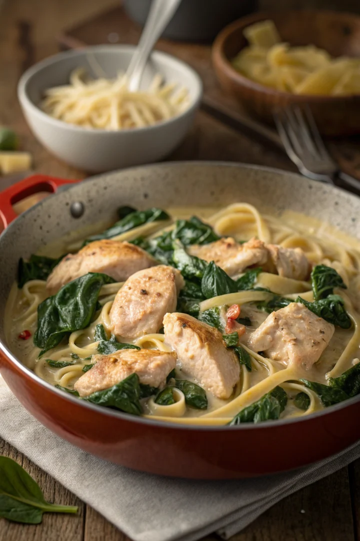 Pâtes, poulet, épinards, crémeux : recette croustillante, facile et savoureuse