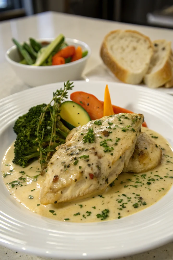 poulet, crémeux, herbes, dîner recette croustillante et plus saine