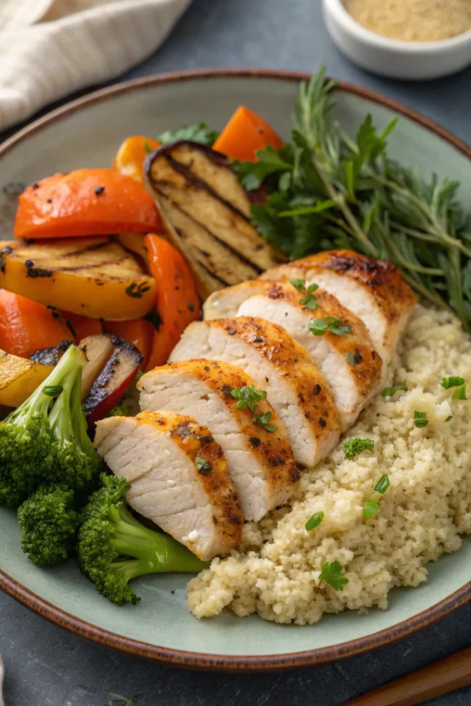 Poulet grillé, quinoa et légumes rôtis : repas sain et équilibré