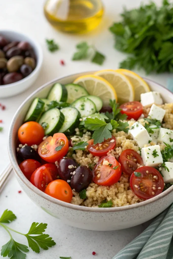 Recette de Salade de Quinoa Méditerranéenne Healthy : un lunch équilibré et rapide idéal pour ton meal planning de la semaine
