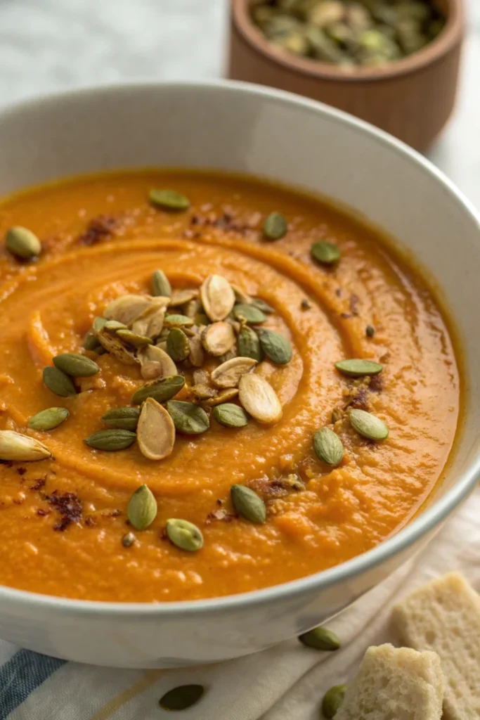Soupe de butternut rôtie au beurre noisette et graines de courge