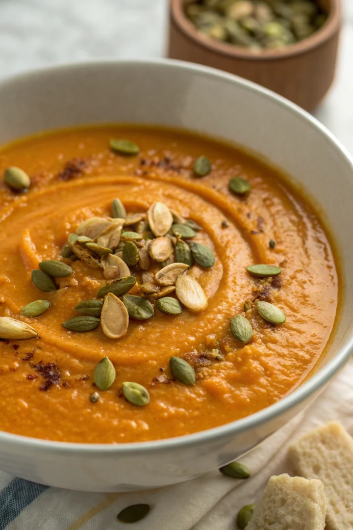 Soupe de butternut rôtie au beurre noisette et graines de courge