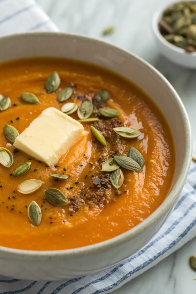 Soupe de butternut rôtie au beurre noisette et graines de courge