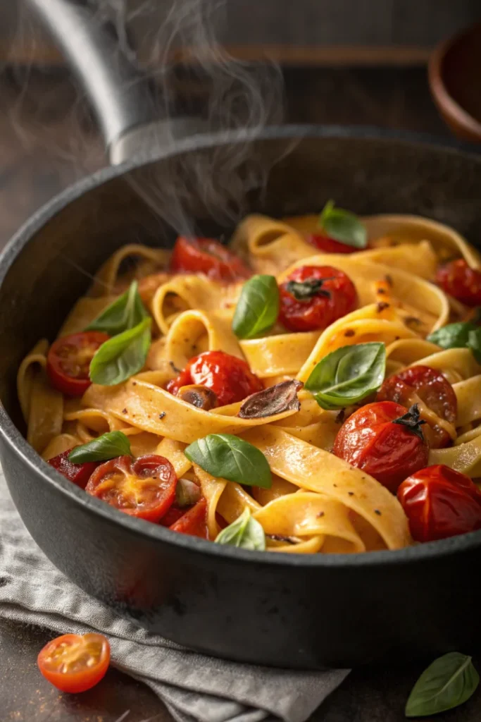 Tagliatelles en cocotte aux tomates confites et basilic