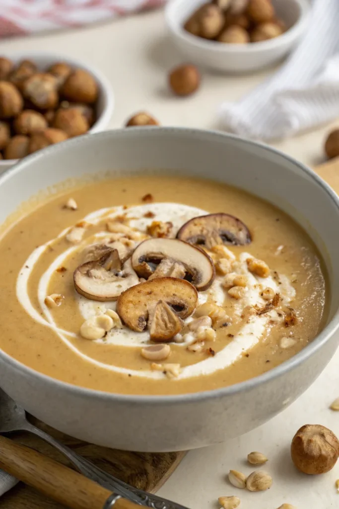 Velouté de champignons des bois à la crème de noisette