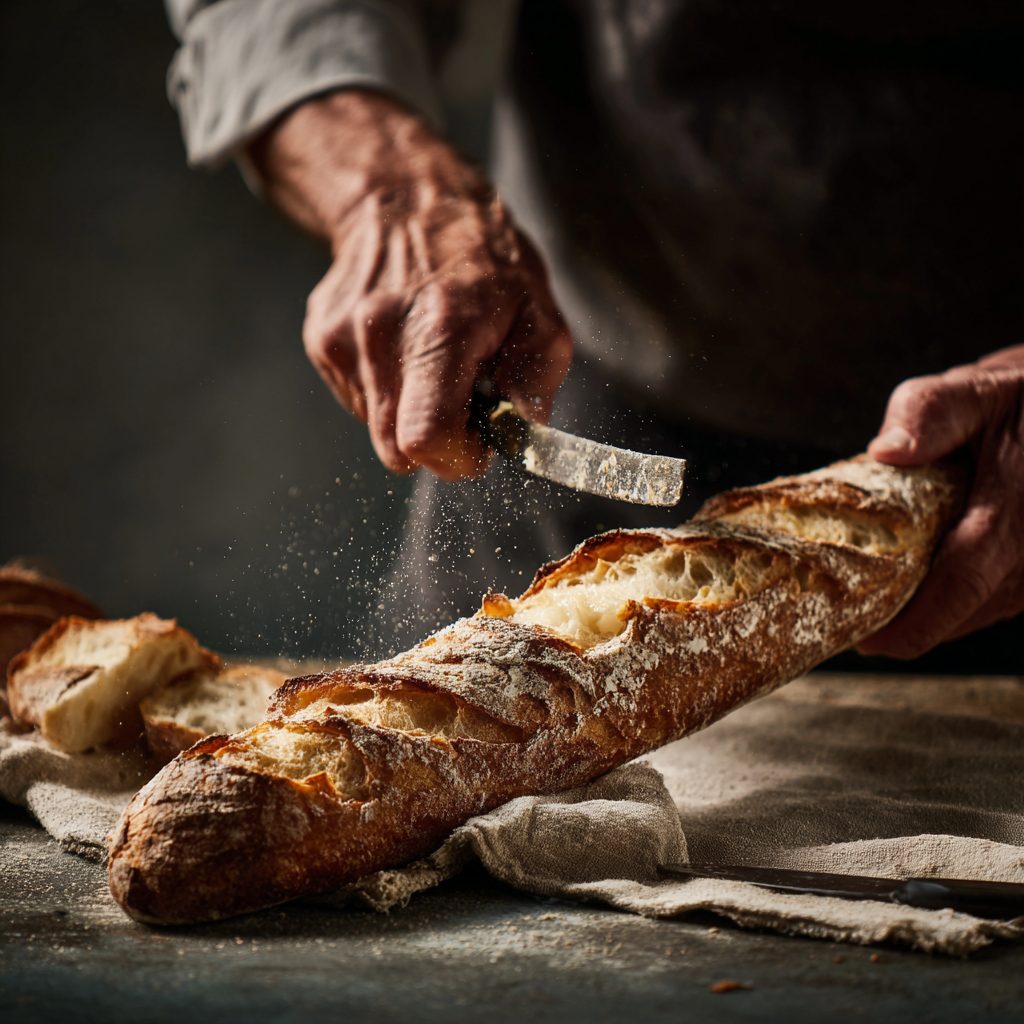 Étape d’évidage de la Baguette fondue TikTok — main de chef creusant le pain croustillant sur plan de travail sombre
