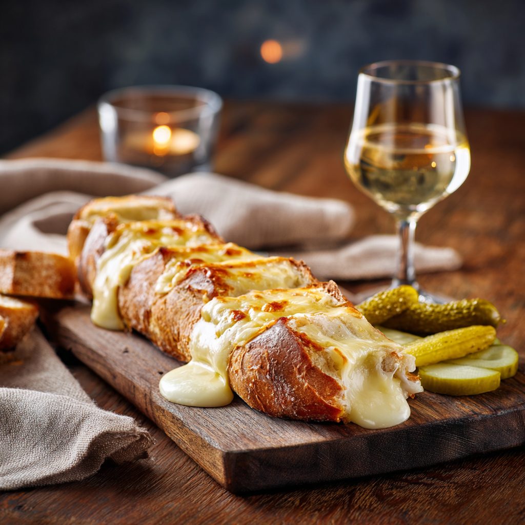 Baguette fondue TikTok servie sur planche en bois, fromage filant, décor raffiné et lumière naturelle élégante