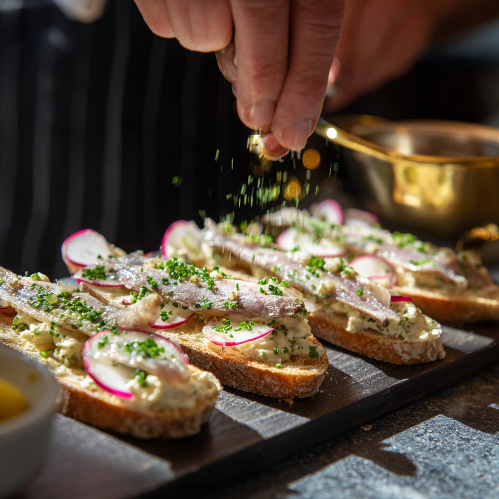Étape garnitures — Butter Board français avec ail confit, radis et herbes fraîches
