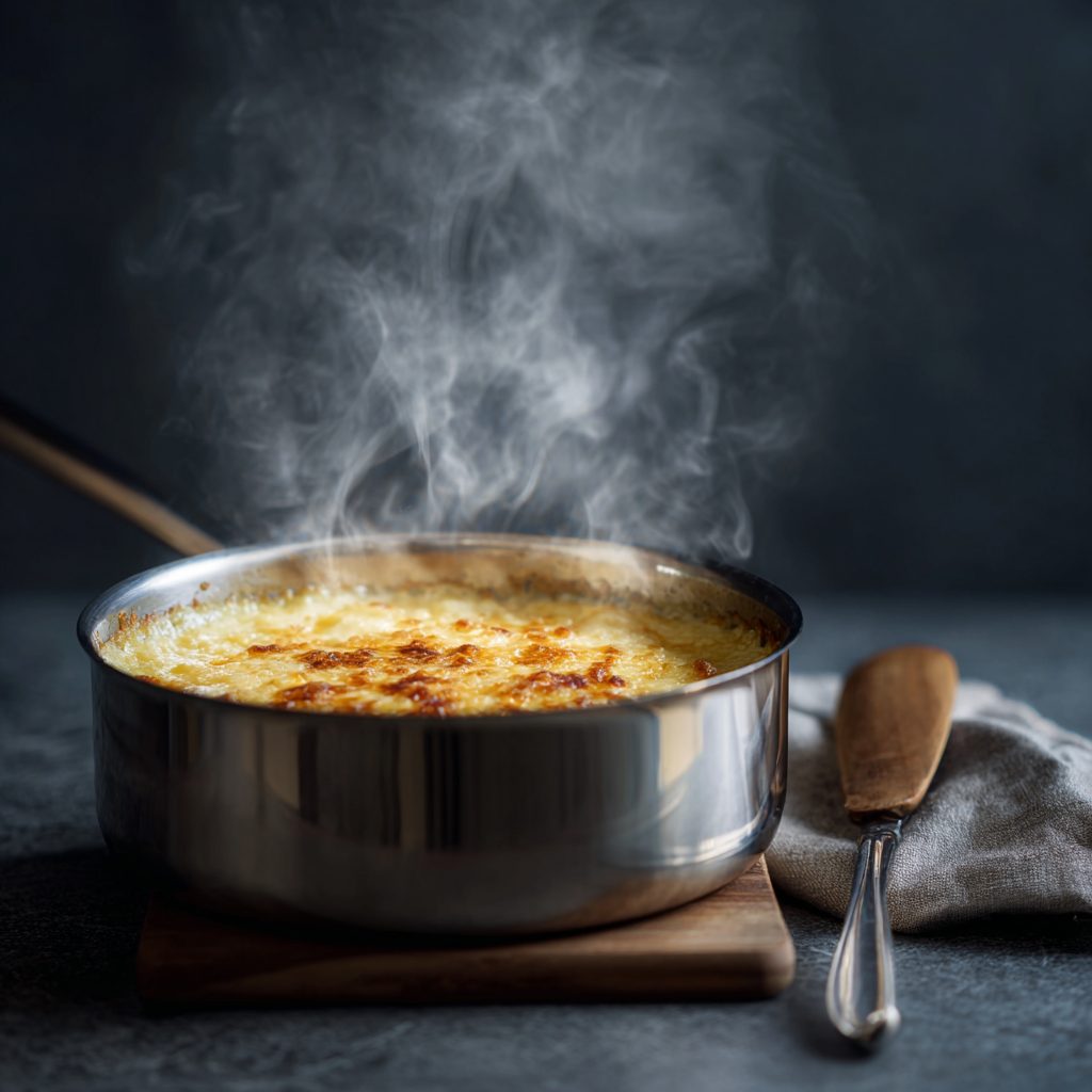 Fondue de fromages AOP en préparation pour la Baguette fondue TikTok, texture lisse et brillante dans une casserole inox