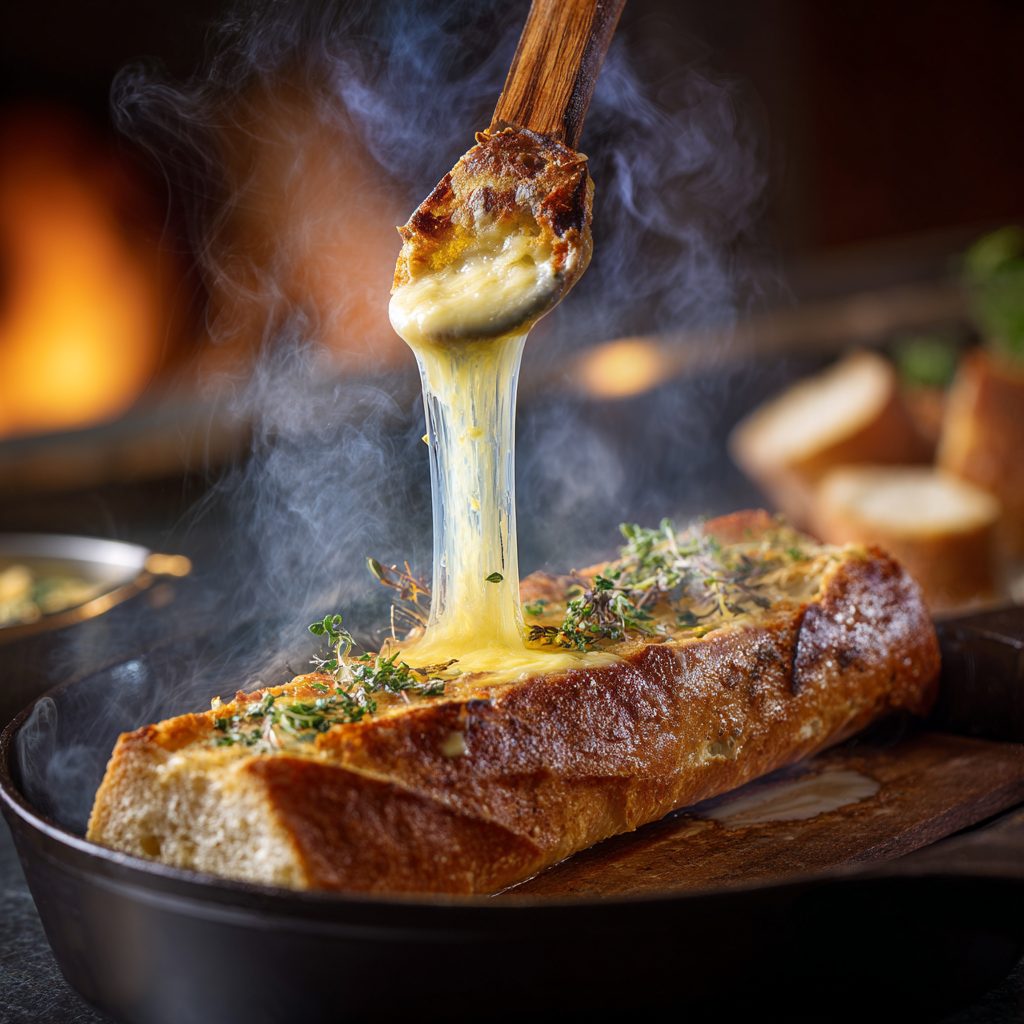 Chef garnissant la Baguette fondue TikTok de fromage fondu avant passage au four, ambiance chaleureuse et dorée