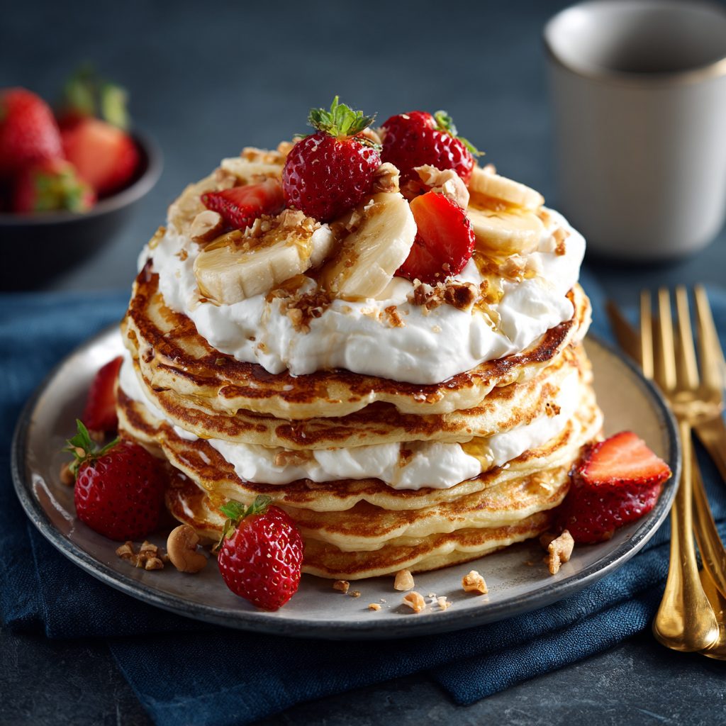 Image hero — Pancakes Cottage Cheese français, pile gourmande avec fruits et noisettes