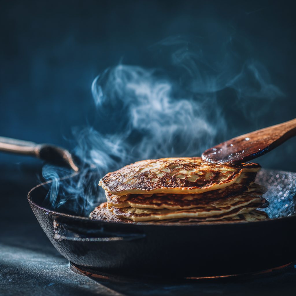 Étape cuisson — Pancakes Cottage Cheese français dorés à la poêle en fonte