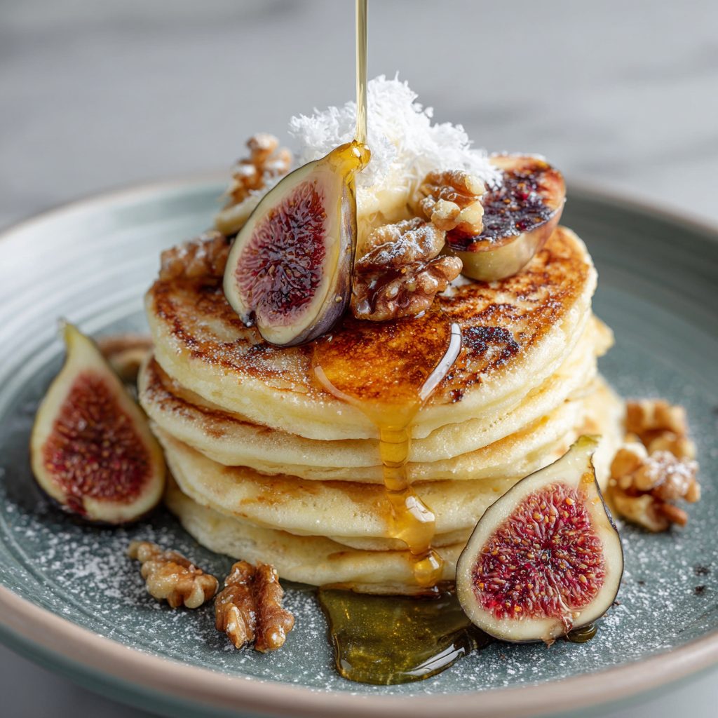 Étape dressage — Pancakes Cottage Cheese français avec miel et fruits rôtis