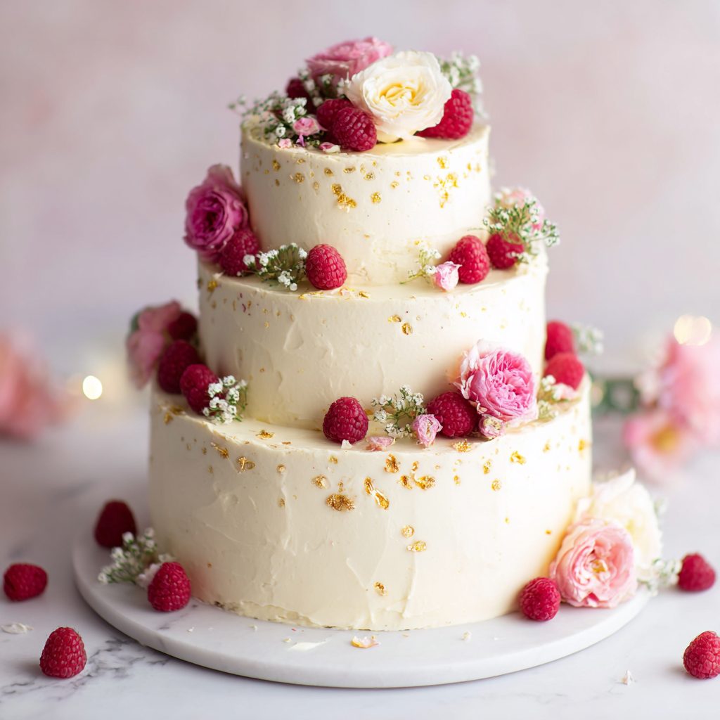 gâteau à étages de fête décoré de fleurs comestibles et de crème au beurre