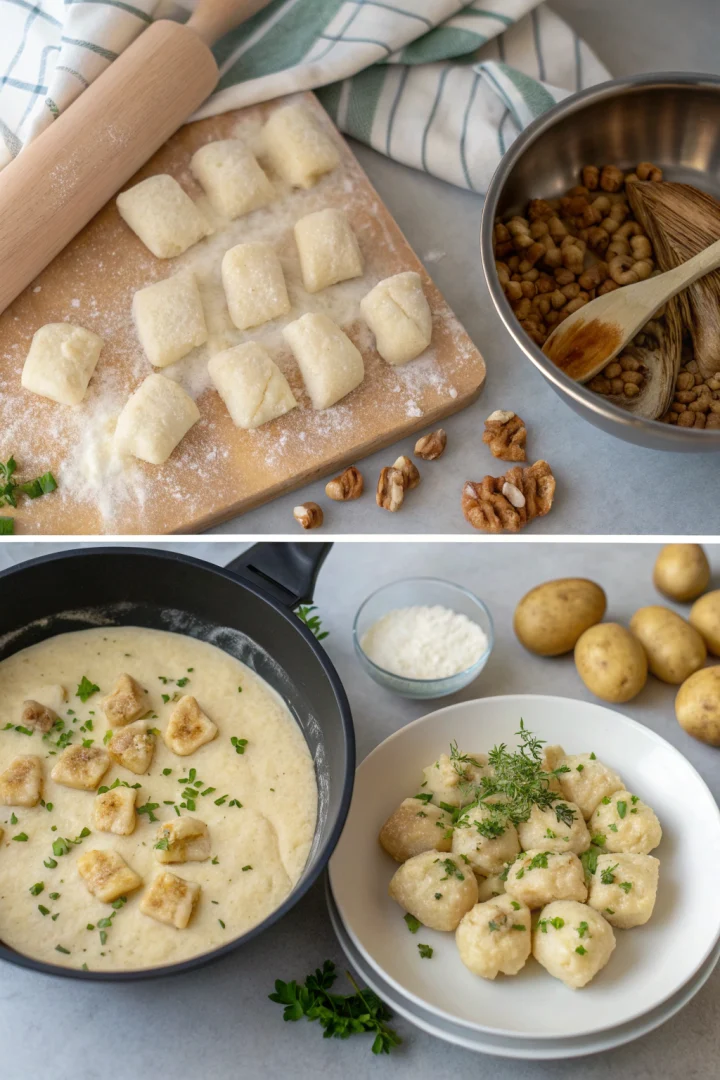 Gnocchis, noix, étapes, crémeuses avec des noix torréfiées