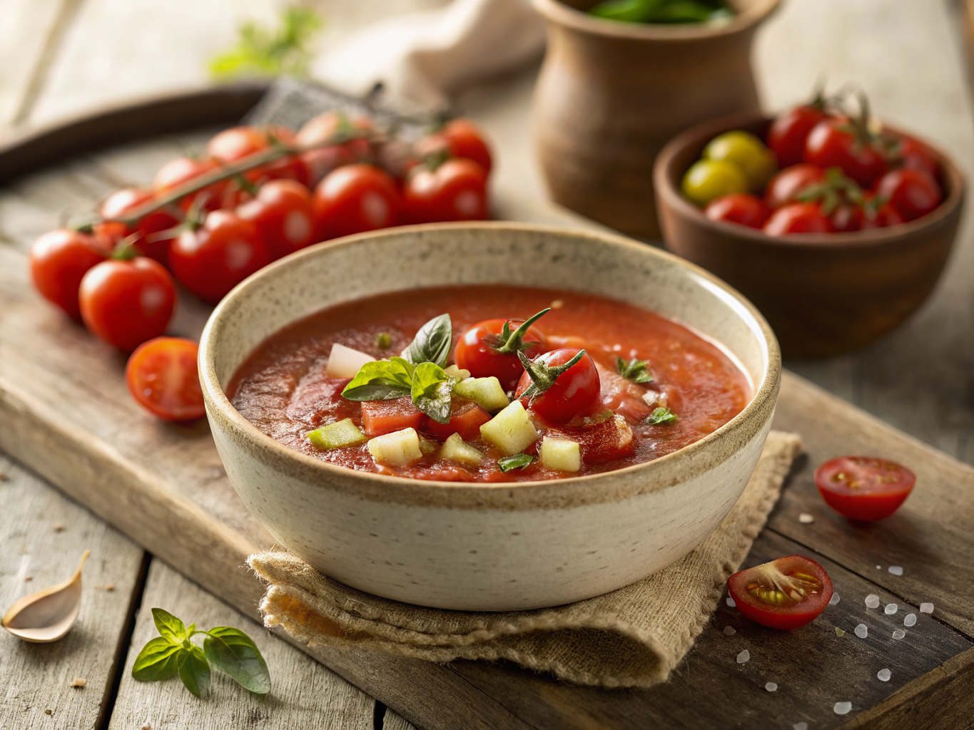recette de gazpacho de tomates cerises servie sur ardoise noire, textures dorées et croustillantes