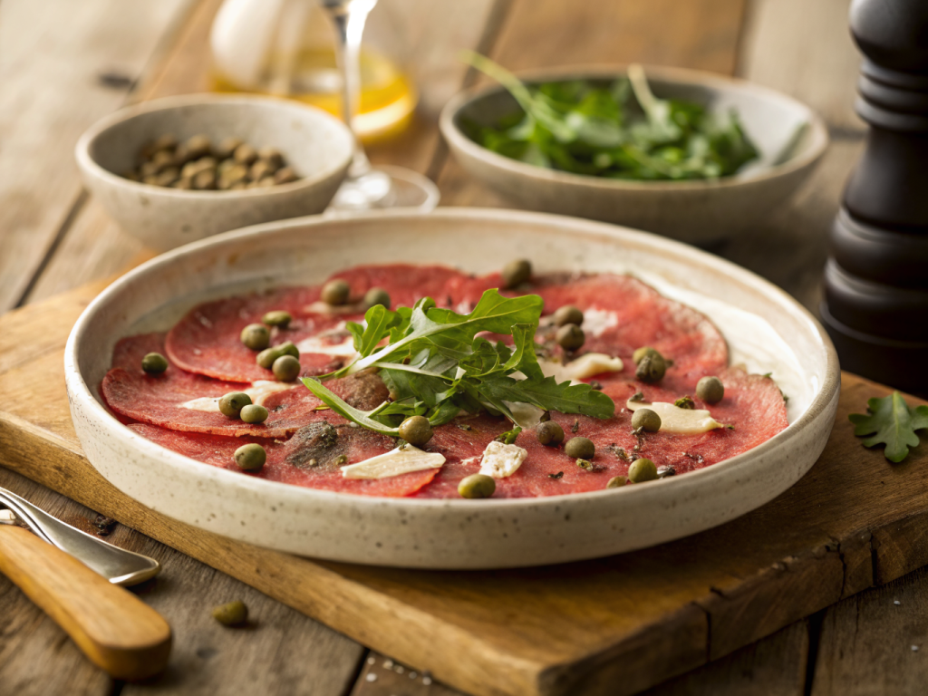 plat de carpaccio de boeuf aux câpres présenté dans une assiette creuse en grès blanc avec herbes fraîches