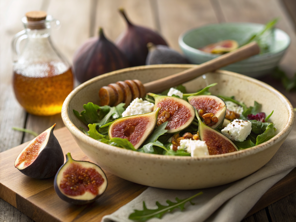 recette de salade de figues au chèvre et miel servie sur ardoise noire, textures dorées et croustillantes