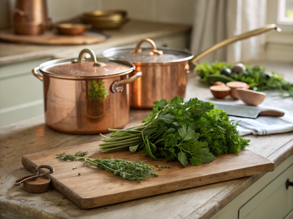 mise en place d'une cuisine de chef avec légumes de saison colorés