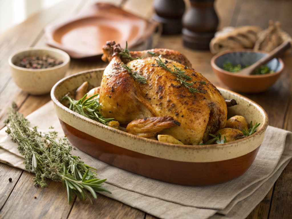 bol rustique contenant poulet rôti aux herbes de Provence fumant avec garniture de persil plat