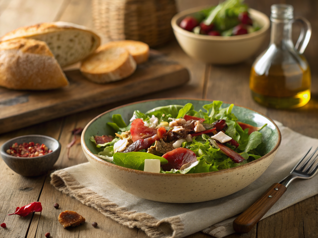 recette de salade landaise authentique servie sur ardoise noire, textures dorées et croustillantes