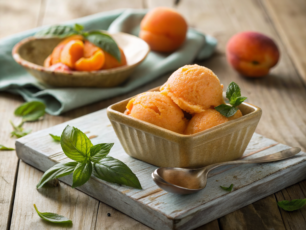 gros plan sur sorbet abricot au basilic avec sauce nacrée et légumes colorés en fond de bois