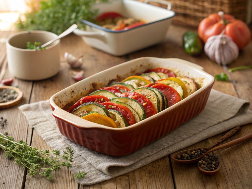 recette de tian de légumes estival servie sur ardoise noire, textures dorées et croustillantes