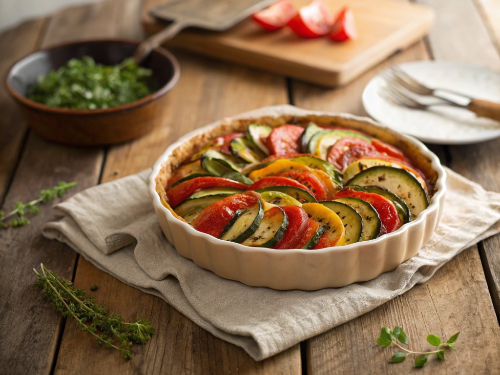 recette de tian de légumes estival servie sur ardoise noire, textures dorées et croustillantes