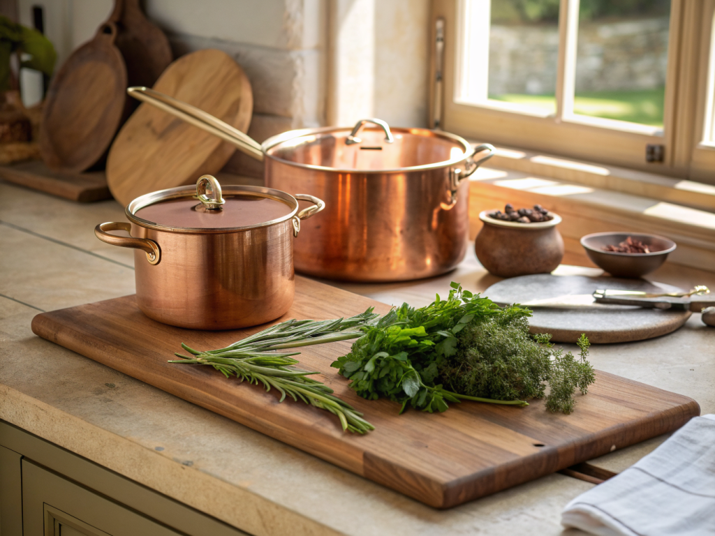 ustensiles de cuisine en bois et acier sur plan de travail en marbre blanc