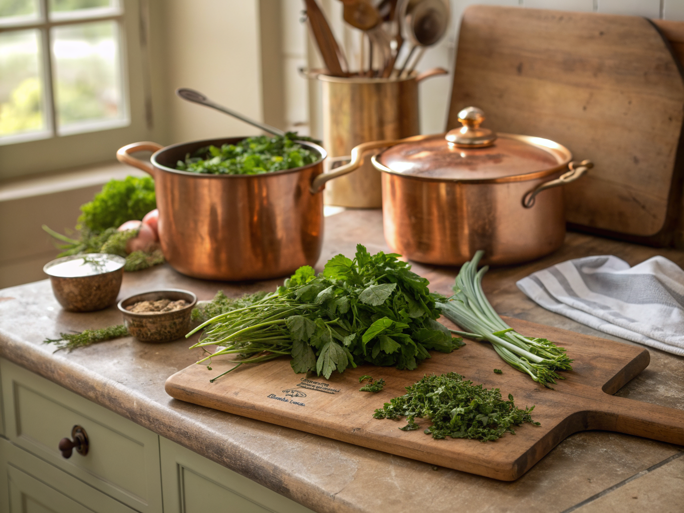 cuisine française traditionnelle avec casseroles en cuivre et herbes aromatiques