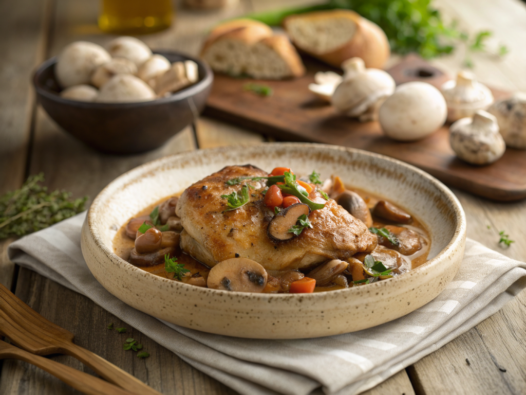 plat familial de poulet chasseur aux champignons des bois dans un plat en fonte, lumière naturelle dorée