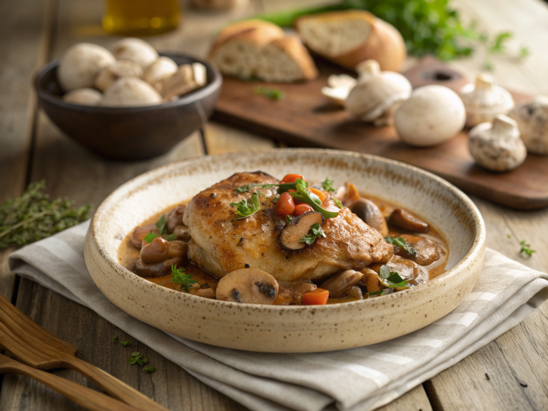 Le poulet chasseur et ses champignons des bois mijotent un bonheur rustique dans votre assiette.