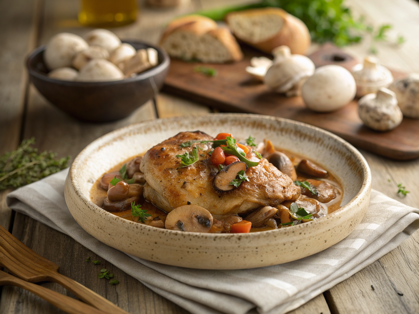 plat familial de poulet chasseur aux champignons des bois dans un plat en fonte, lumière naturelle dorée