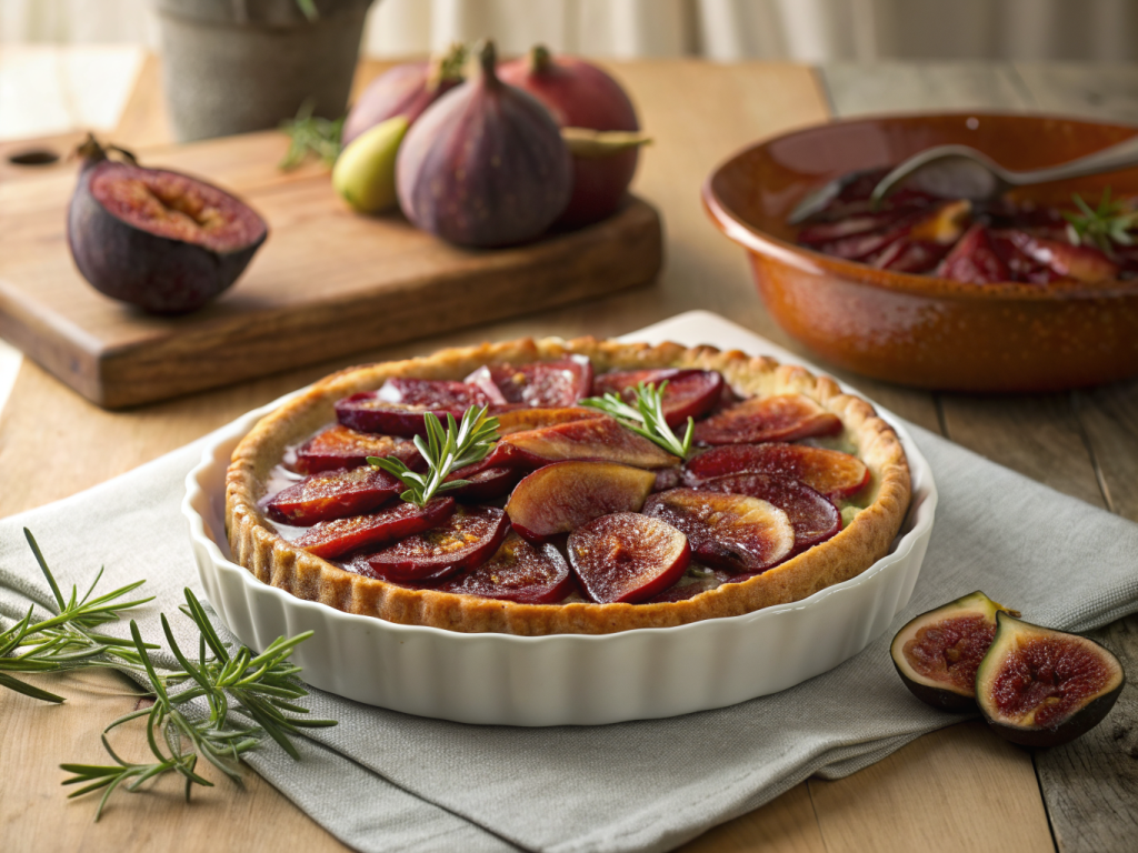 plat familial de tarte tatin aux figues et romarin dans un plat en fonte, lumière naturelle dorée