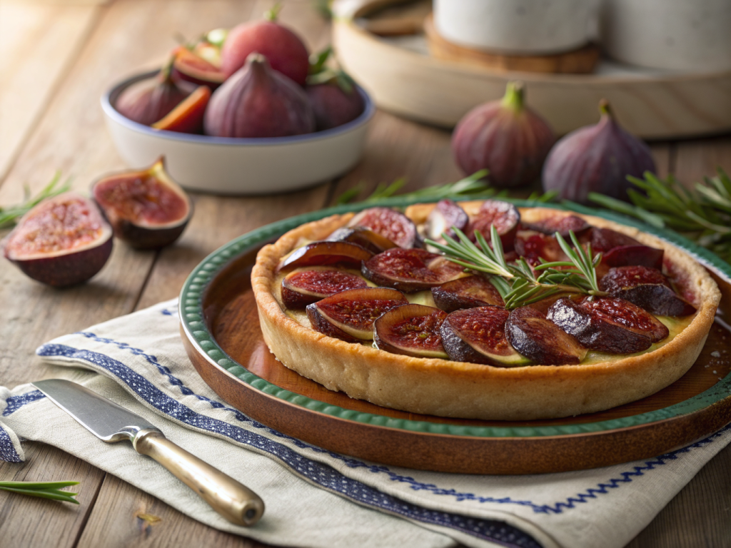 bol rustique contenant tarte tatin aux figues et romarin fumant avec garniture de persil plat