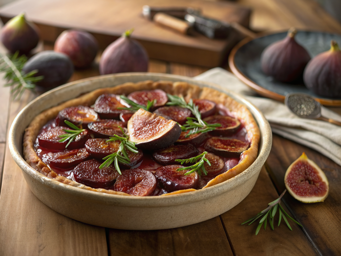 plat de tarte tatin aux figues et romarin présenté dans une assiette creuse en grès blanc avec herbes fraîches