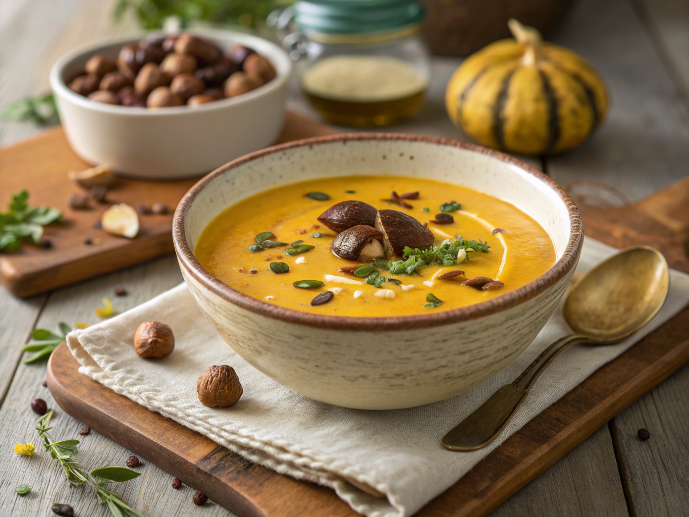 plat de velouté de potimarron aux châtaignes présenté dans une assiette creuse en grès blanc avec herbes fraîches