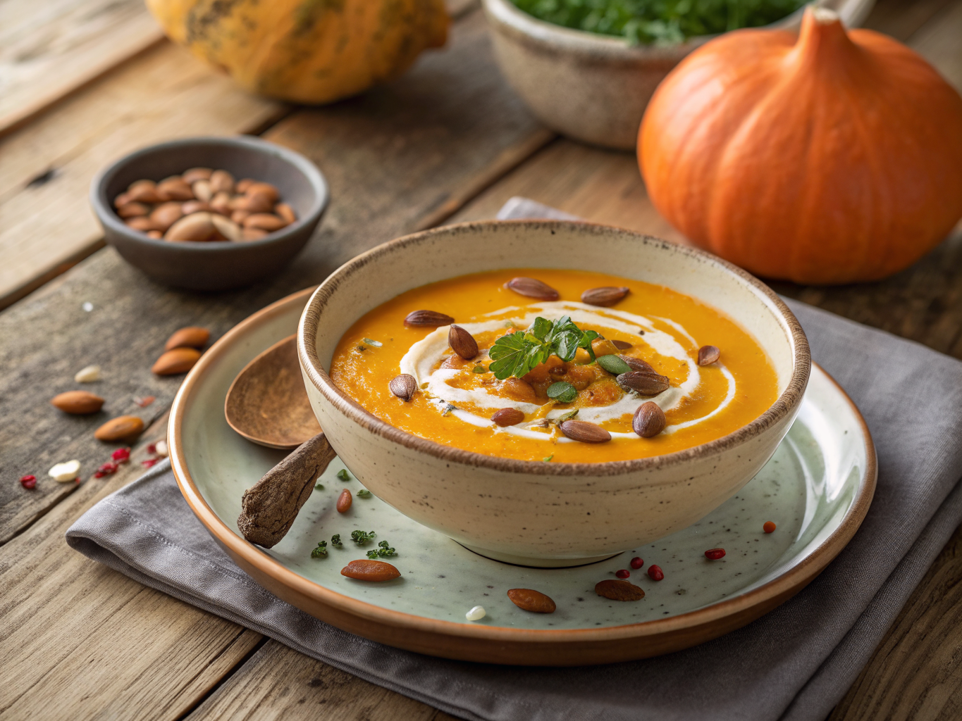 gros plan sur velouté de potimarron aux châtaignes avec sauce nacrée et légumes colorés en fond de bois