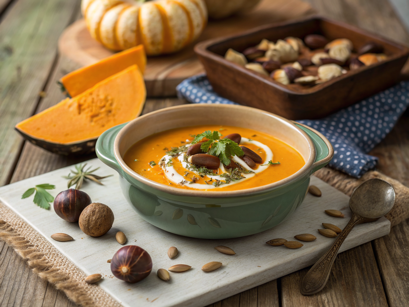 gros plan sur velouté de potimarron aux châtaignes avec sauce nacrée et légumes colorés en fond de bois