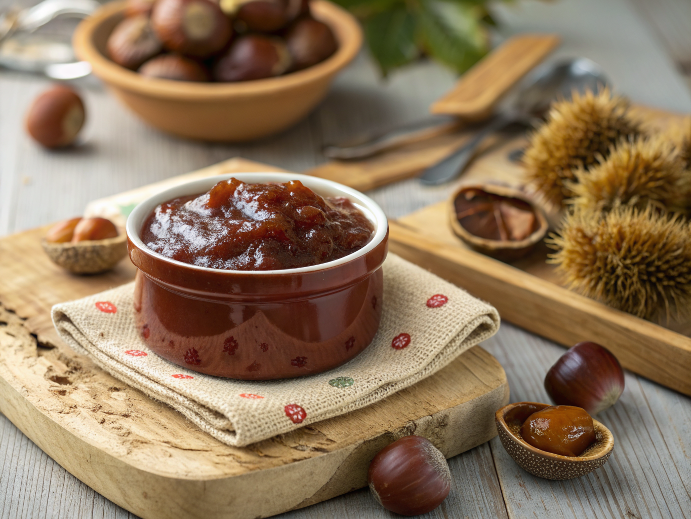 recette de confiture de châtaignes maison servie sur ardoise noire, textures dorées et croustillantes