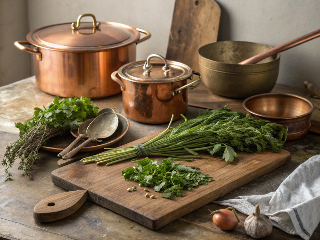 mise en place d'une cuisine de chef avec légumes de saison colorés