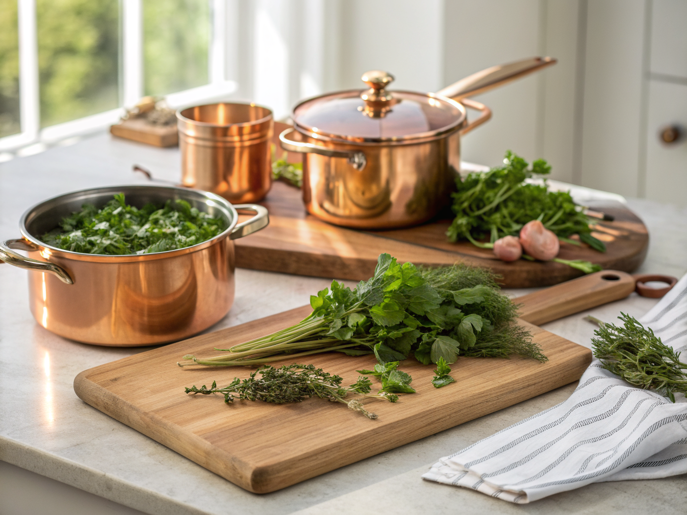 cuisine française traditionnelle avec casseroles en cuivre et herbes aromatiques