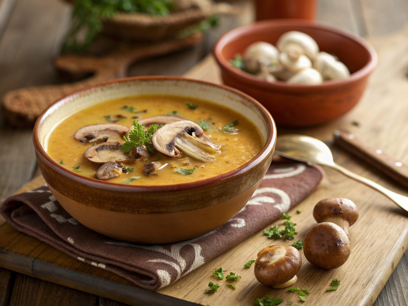 plat de soupe de champignons forestiers présenté dans une assiette creuse en grès blanc avec herbes fraîches