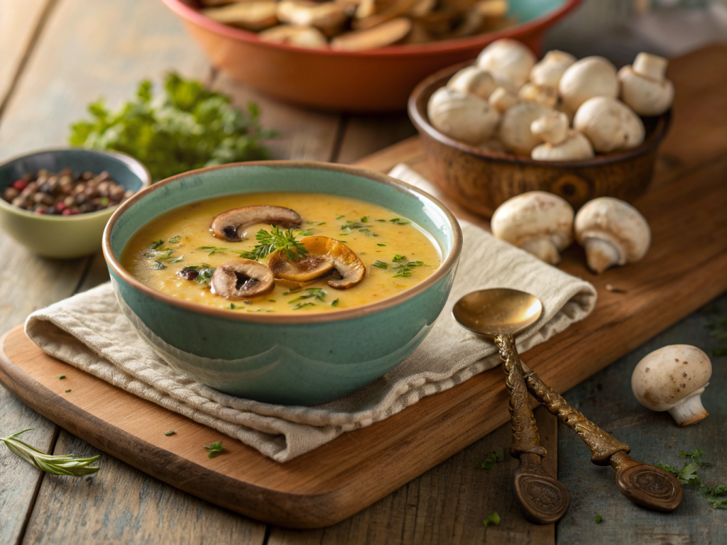 plat familial de soupe de champignons forestiers dans un plat en fonte, lumière naturelle dorée